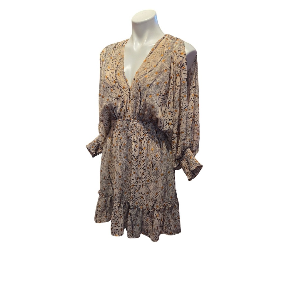 LOVESTITCH Ruffle Mini Dress Boho Print Smocked Waist‎ Long Sleeve Women's Small